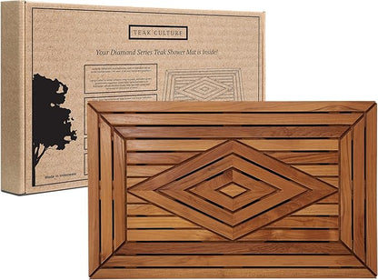 Designer Teak Shower Mat Large 31.5 X 19.5 Naturally Water-Resistant with Teak Oil Finish for Bathroom, Bath, Pool, Spa, Boat, Sauna, Patio, RV, Front Door from Our Diamond Collection