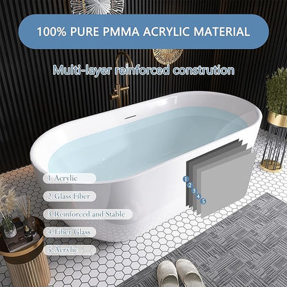 59" Free Standing Tub, Pure Acrylic Freestanding Bathtub, Stylish Stand Alone Contemporary Deep Soaking Bath Tub, cUPC Certified SY6850 (Glossy White)