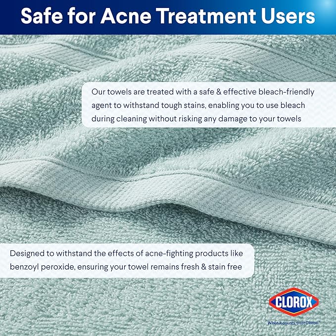 CLOROX Bleach Friendly Towels, Quick Dry, 100% Cotton Bath Towels (30" x 52"), Highly Absorbent Soft Lightweight, Ideal for Everyday Use, Easy to Wash (2 Pack, Mineral Blue)