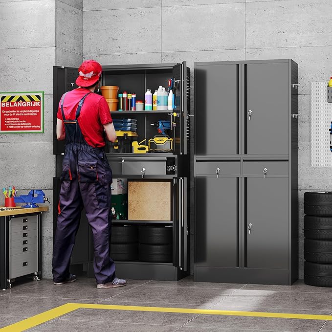 Aobabo 71" H×30" W×15" D Metal Storage Cabinet with 2 Drawers, Locking Steel Storage Cabinet with 2 Adjustable Shelves and 8 Hooks for Garage, Office, Black, Assembly Required