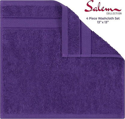 American Soft Linen Salem Washcloth Sets, 4 Piece Luxury 600 GSM 100% Cotton Washcloths for Bathroom, 13x13 inches Washrags Premium Quality Hand Face Towels, Purple