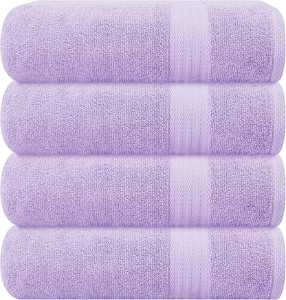 GLAMBURG Premium Cotton 4 Pack Bath Towel Set - 100% Pure Cotton - 4 Bath Towels 27x54 - Ideal for Everyday use - Ultra Soft & Highly Absorbent - Purple