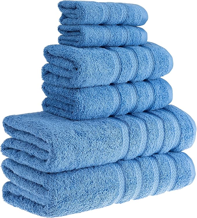 HALLEY Turkish Towels Set (6 Pieces) 650 GSM Highly Absorbent Super Soft 100% Cotton - 2 Bath Towels, 2 Hand Towels 2 Washcloths (Blue)