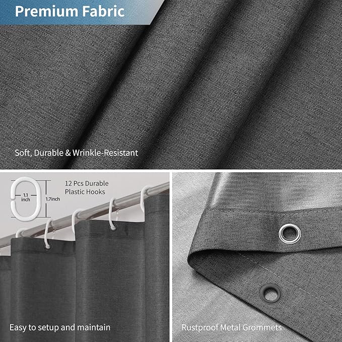 2-in-1 Waterproof Extra Long Fabric Shower Curtain or Liner,Linen Textured,84 Inch Breathable TPU & Washable Bathroom Shower Curtain Set with 12 Plastic Hooks,Modern,72"x96" Charcoalgrey
