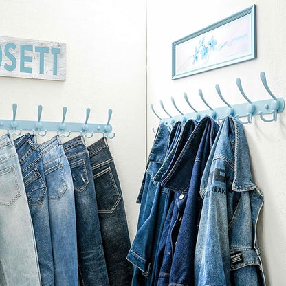 Dseap Coat Rack Wall Mount - 29.5” Long 8-Tri-Hooks Heavy Duty Coat Hanger Rail Wall Hooks for Hanging Coats Hats Clothing Clothes Purse Mudroom Entryway, Blue