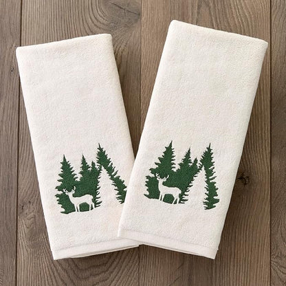 SKL Home Christmas/Winter Deer Spruce 100% Cotton Embroidered 2pc Hand Towel Set, Decorative for Bath/Kitchen/Bar, Natural