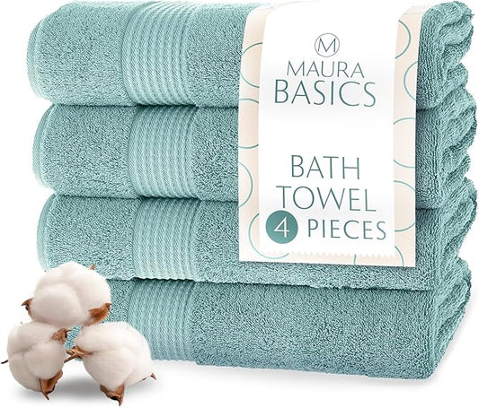 MAURA Basics Performance Bath Towels 100% Turkish Cotton with Hook Loops. Extra Large Luxury Absorbent Plush Towel Sets for Bathroom, Daily Use American Standard Size 27”x54”,Seafoam