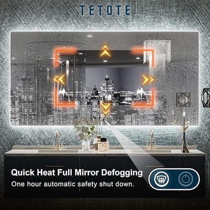 TETOTE 48 x 24 LED Backlit Bathroom Mirror with Light,3Color White/Warm/Natural,Anti-Fog Lighted Mirror,Dimmable,Vanity Mirror,Wall Mounted