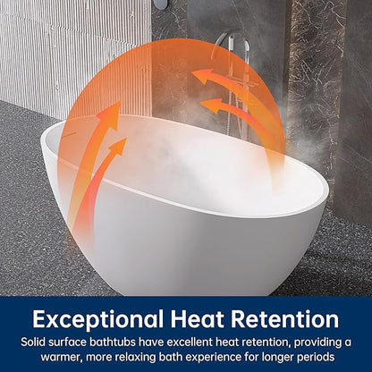 51" Stone Resin Freestanding Bathtub, Modern Oval Solid Surface Soaking Tub, Solid Surface Stand Alone Bathtub with Drain & Integrated Slotted Overflow Matte White AM303-1300