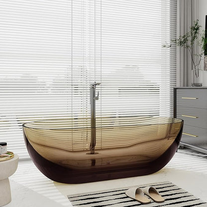 SJ STAR&JANE 69" Solid Surface Freestanding Bathtub Stone Resin Oval Soaking Tub Stand Alone Tub with Pop-up Drain Transparent Sepia