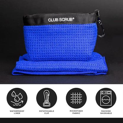 Club Scrub Towel Pro, Golf Club and Ball Cleaning Pouch with Attached Towel, Waterproof Exterior, Clean Face Technology Liner, Machine Washable, Cleans Club Grooves, Waffle-Weave Microfiber