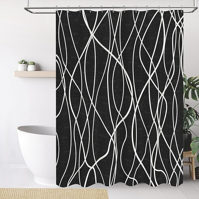 Tititex Morden 140gms Faux Linen Bath Shower Curtain Set Textured Fabric with Black White Curve Pattern 72x72 Inch Water Resistant Bathroom Curtains, Weighted Hem & Hooks for Home/Hotel