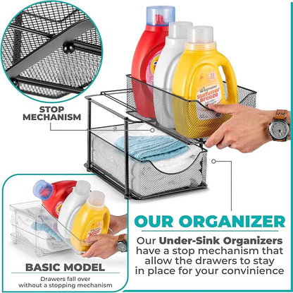 Sorbus 2 Sets of 2 Tier Metal Under Sink Organizer for Bathroom, Kitchen, Strong Steel Mesh Sliding Drawers for Under Sink, Under Cabinet, Closet, Kitchen, Pantry, Bathroom Organizers and Storage