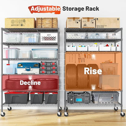 82" H X45 W X18 D Storage Shelves with Wheels, 6 Tier Wire Shelving Adjustable Metal Shelving Pantry Shelves Capacity 1200LBS for Garage Shelving, Pantry, Kitchen, Closet, Black,2P