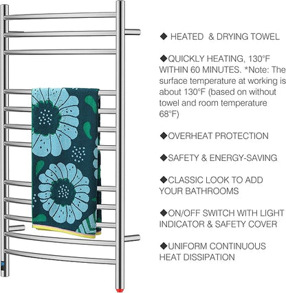 HEATGENE Electric Towel Warmer with Built-in Timer & Temperature Control, Wall-Mounted 12-Bar Large Towel Rack, Plug-in/Hardwired Heated Towel Rail for Bathroom - Brushed