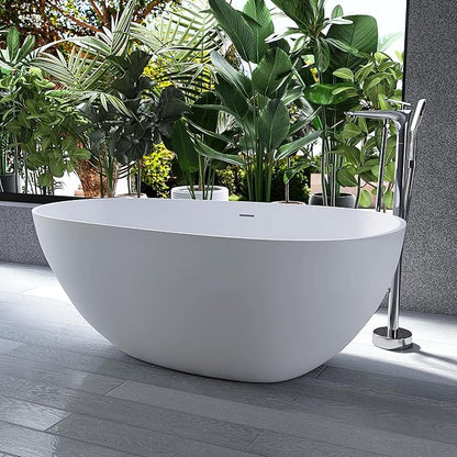 59" Stone Resin Freestanding Bathtub, Oval Solid Surface Bathroom Freestanding Tub, Thin Edge Stand Alone Tub with Integrated Slotted Overflow and Pop-up Drain, Matte White 302-150