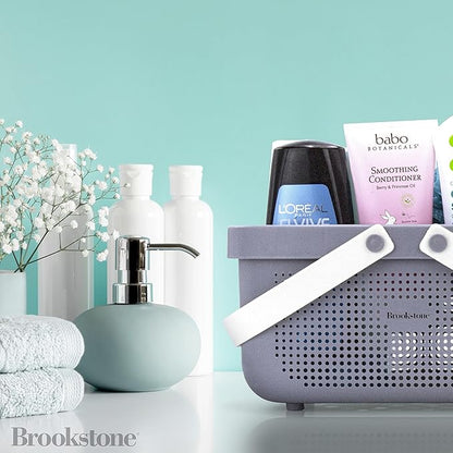 Brookstone BKH1633, Large Portable Shower Caddy with Soft Silicone Carrying Handle, Bathroom Organizer Basket, Plastic Bath Tote, Dries Quickly with Drainage Holes [BPA Free], Gray