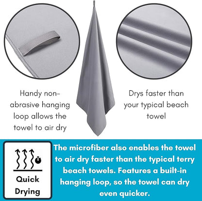 BIRDROCK HOME Multi-Purpose Microfiber Towel for The Beach, Travel, Pets or Camping - Large 31 x 63” - Grey - Quick-Dry - Absorbent Lightweight Compact - Bag - Kids Hiking Outdoor - Corner Pockets