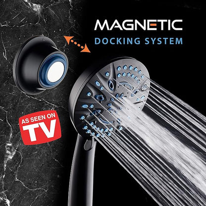 AquaCare Magneton High-Pressure 8-mode Handheld Shower Head with Magnetic Guidance Docking System - 2 Magnetic Brackets, 5 inch Face, Hygienic Jets, 6 ft. Stainless Steel Hose/Matte Black Finish