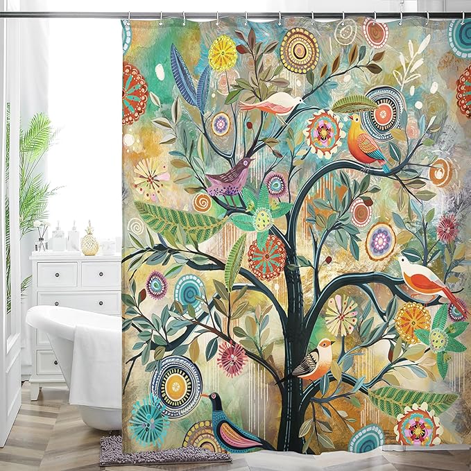 Bohemian Shower Curtain, Boho Floral Print Water Repellent Polyester Fabric for Bathroom Decor, 72×72 Inch Standard Size with 12 Hooks, Also as Room Divider