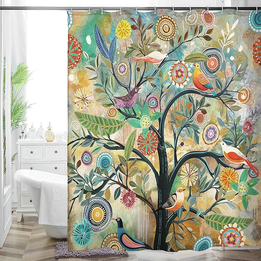 Bohemian Shower Curtain, Boho Floral Print Water Repellent Polyester Fabric for Bathroom Decor, 72×72 Inch Standard Size with 12 Hooks, Also as Room Divider
