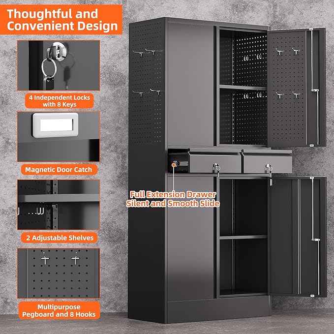 Aobabo 71" H×30" W×15" D Metal Storage Cabinet with 2 Drawers, Locking Steel Storage Cabinet with 2 Adjustable Shelves and 8 Hooks for Garage, Office, Black, Assembly Required