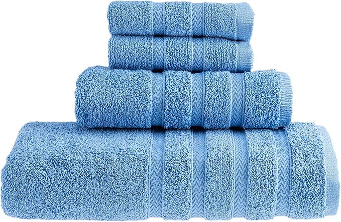HALLEY Turkish Towels Set (4 Pieces) 650 GSM Highly Absorbent Super Soft 100% Cotton - 1 Bath Towel 1 Hand Towel 2 Washcloths (Blue)