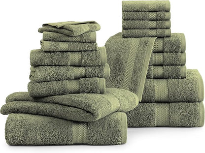 LANE LINEN 100% Cotton Luxury Towel Set for Bathroom - 18 Pieces, Ring Spun - Plush, Soft & Highly Absorbent - 4 Shower Towels, 8 Washcloths, 6 Hand Towels - Complete Bathroom Towel Set - Oil Green
