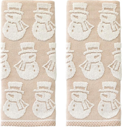 SKL Home Christmas/Winter Snowman Jacquard 100% Cotton Reversible 2pc Hand Towel Set, Soft & Absorbent, Decorative for Bath/Kitchen/Bar & Gift, Tan