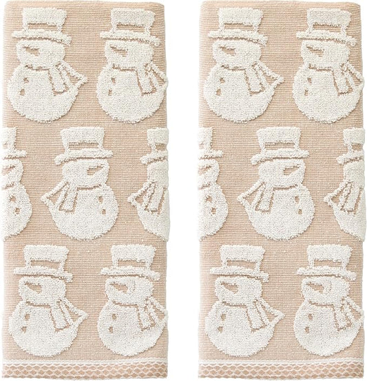SKL Home Christmas/Winter Snowman Jacquard 100% Cotton Reversible 2pc Hand Towel Set, Soft & Absorbent, Decorative for Bath/Kitchen/Bar & Gift, Tan