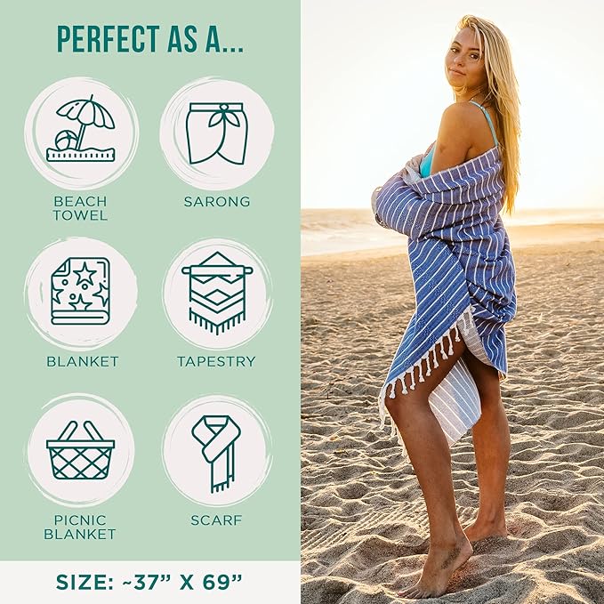 Sand Cloud Turkish Beach Towel - Sand Proof - 100% Certified Organic Turkish Towel - Quick Dry Towel for Beach, Picnic, Blanket or Bath Towel - As Seen on Shark Tank - Gocek (Royal Blue)