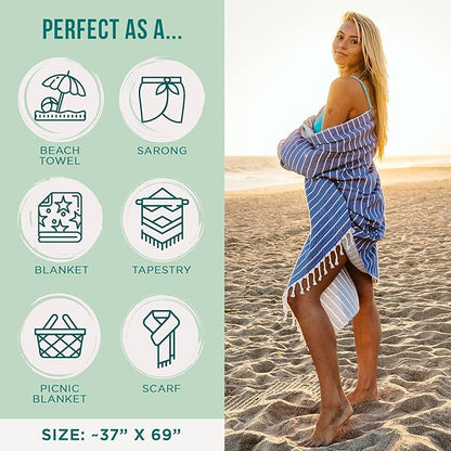 Sand Cloud Turkish Beach Towel - Sand Proof - 100% Certified Organic Turkish Towel - Quick Dry Towel for Beach, Picnic, Blanket or Bath Towel - As Seen on Shark Tank - Gocek (Royal Blue)