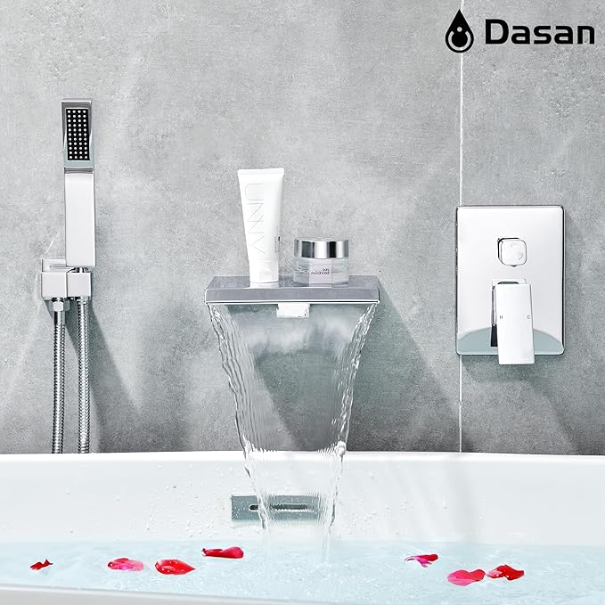 Upgraded Wall Mount Tub Filler Faucet with Handheld Shower, DASAN Modern Wall Mounted Bathtub Faucet Chrome High Flow Waterfall Tub Faucet with Rough in Valve, SA-TF04WH-PC