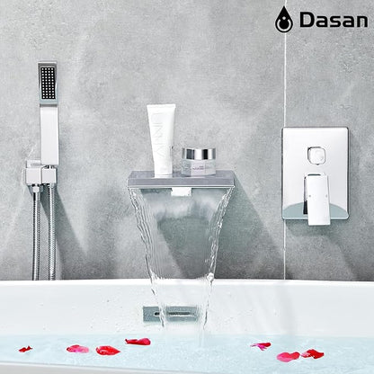 Upgraded Wall Mount Tub Filler Faucet with Handheld Shower, DASAN Modern Wall Mounted Bathtub Faucet Chrome High Flow Waterfall Tub Faucet with Rough in Valve, SA-TF04WH-PC