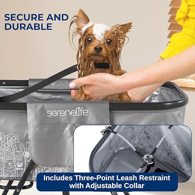 SereneLife Portable Dog Bath Tub with Drain, Foldable Indoor Outdoor Dog Tubs for Bathing and Grooming with Pockets & Leash Restraint, Collapsible Design, Supports Pets Up to 130 lbs