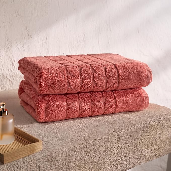 BAGNO MILANO Organic Turkish Cotton Bath Towels, Luxury Jacquard Collection, Certified Organic Highly Absorbent, Soft-Plush Towel Set (Coral Red, Bathsheet)