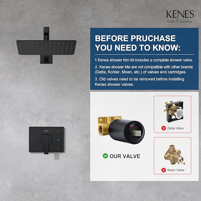 KENES Matte Black Shower Faucet with 10-Inch Shower Head and Handle Set, Square Shower Faucet Set Bathroom Rainfall Shower System Wall Mount, KE-6024B-2 (Shower Valve Included)