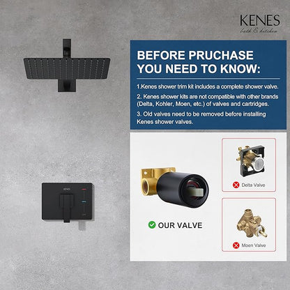 KENES Matte Black Shower Faucet with 10-Inch Shower Head and Handle Set, Square Shower Faucet Set Bathroom Rainfall Shower System Wall Mount, KE-6024B-2 (Shower Valve Included)