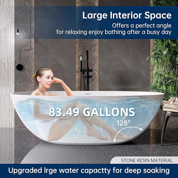 71'' Resin Stone Soaking Bathtub Freestanding Bathtub Solid Surface Modern Tubs with Overflow and Pop-up Drain in White…