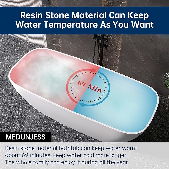 59'' Freestanding Bathtub Resin Stone Deep Soaking Tubs Solid Surface Matte Tub with Overflow and Pop-up Drain