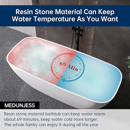 59'' Freestanding Bathtub Resin Stone Deep Soaking Tubs Solid Surface Matte Tub with Overflow and Pop-up Drain