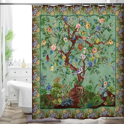 Bohemian Shower Curtain, Boho Floral Print Water Repellent Polyester Fabric for Bathroom Decor, 72×72 Inch Standard Size with 12 Hooks, Also as Room Divider