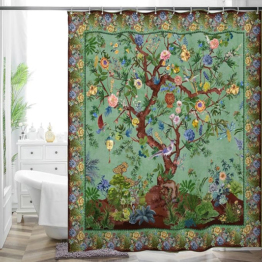 Bohemian Shower Curtain, Boho Floral Print Water Repellent Polyester Fabric for Bathroom Decor, 72×72 Inch Standard Size with 12 Hooks, Also as Room Divider
