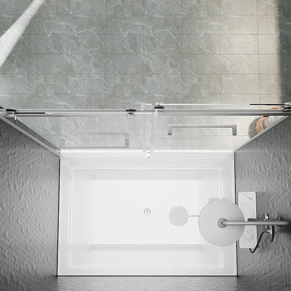 DELAVIN 56"-60" W x 75" H Frameless Shower Door, Double Sliding Shower Door, 5/16"(8mm) Clear Tempered Glass, Noiseless Shatterproof Glass Shower Doors with Square Rail, Stainless Steel, Aluminum