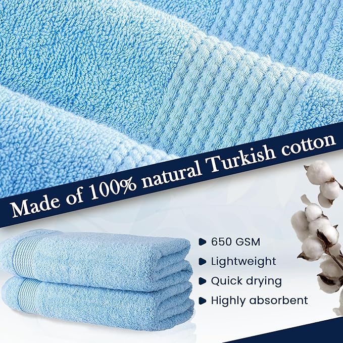 HALLEY Turkish Cotton Towels (Pack of 2) Bath Towels Super Soft Highly Absorbent 100% Cotton Towels for Bathroom and Kitchen for Mother’s Day (Powder Blue)