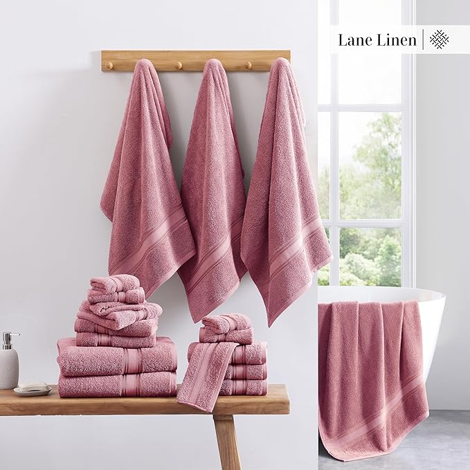 LANE LINEN Bathroom Towels Set of 12 – Zero Twist, 100% Cotton, 4 Bath, 4 Handtowel & 4 Washcloths, Luxury Hotel Design, Perfect for Salon & Guests, Machine Washable – Wishful Mauve