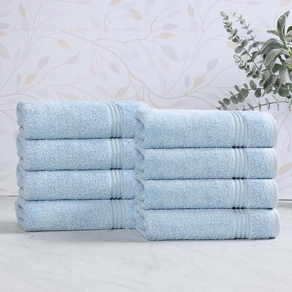 Superior Egyptian Cotton 8-Piece Hand Towel Set, Towel Basics For Quick Dry, Absorbent Small Towels, Facial, Spa, Kitchen, Bathroom Essentials, Apartment, Guest Bath, Soft, Washcloth, Light Blue