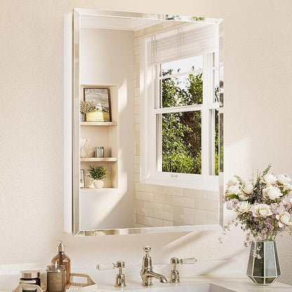 TETOTE 24 x 32 Bathroom Mirror with Storage with Tempered Beveled Mirror White Medicine Cabinet Aluminum Cabinet DTC Hinges, Stepless Adjustable Shelves, Recessed/Surface-Mounted