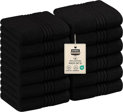 Utopia Towels 12 Pack Premium Wash Cloths Set, 12 by 12 Inches, 100% Cotton Ring Spun, Highly Absorbent and Soft Feel Washcloths for Bathroom, Spa, Gym, and Face, Black