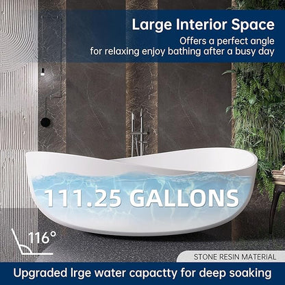 Stone Resin Freestanding Bathtub 71", Elegant Oval Shape Soaking Tub, Solid Surface Stand Alone Bathtub with Drain & Integrated Slotted Overflow Matte White AMMG015-1800
